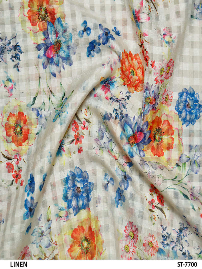 Chanderi Off White Self Weave Checks With Floral Digital Print | Source ...