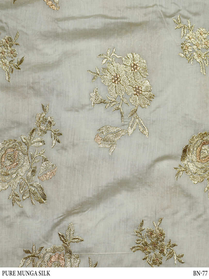 Pure Moonga Silk Golden Zari Woven Flower & Rose Design Fabric | Source ...