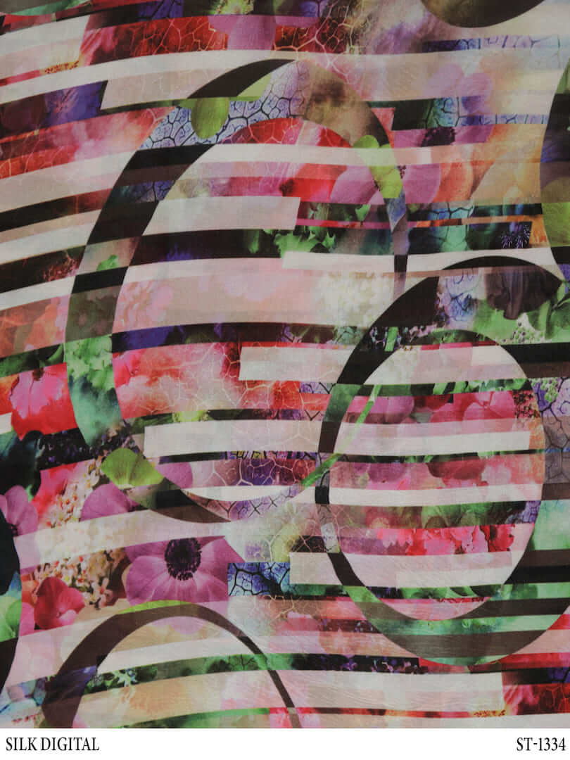 Satin Silk Abstract Shapes & Floral Digital Print Fabric