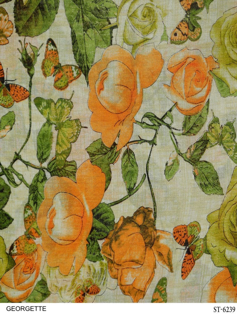 Georgette Silk Butterfly & Floral Design Digital Print Fabric