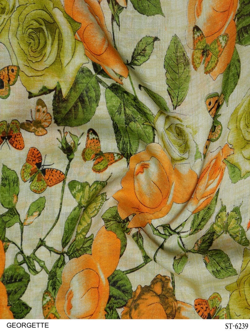 Georgette Silk Butterfly & Floral Design Digital Print Fabric
