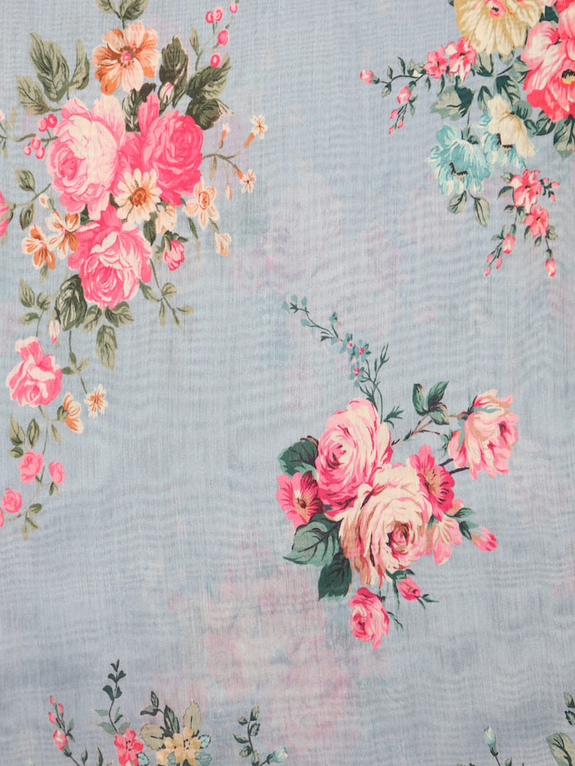 Chanderi Silk Pink Rose Floral Design Digital Print Fabric