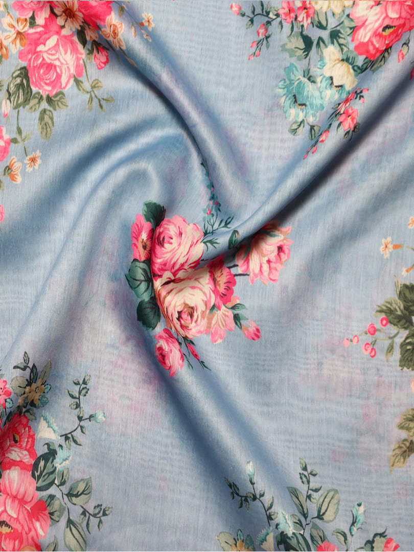 Chanderi Silk Pink Rose Floral Design Digital Print Fabric