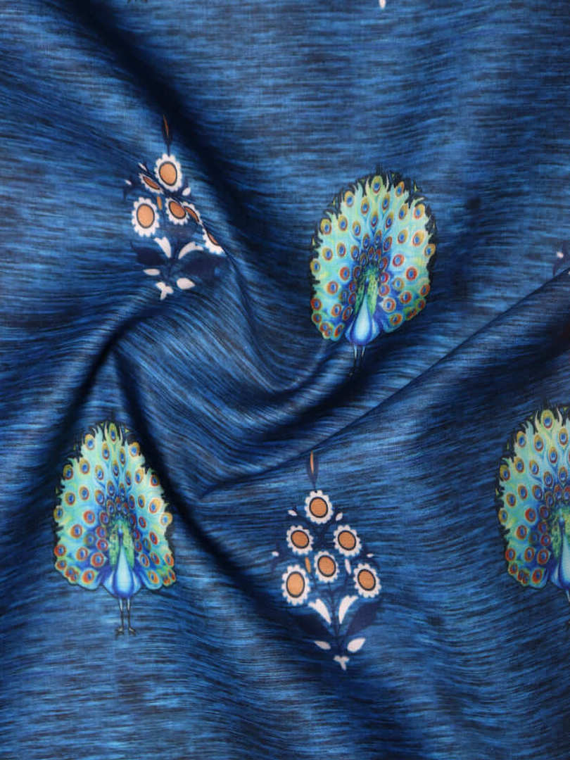 Cotton Linen Blue Black Shaded Peacock & Floral Design Digital Print Fabric