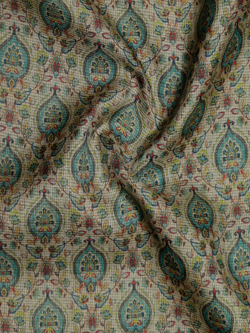 Chanderi Silk Floral, Betel Leaf & Small Checks Print Design Fabric