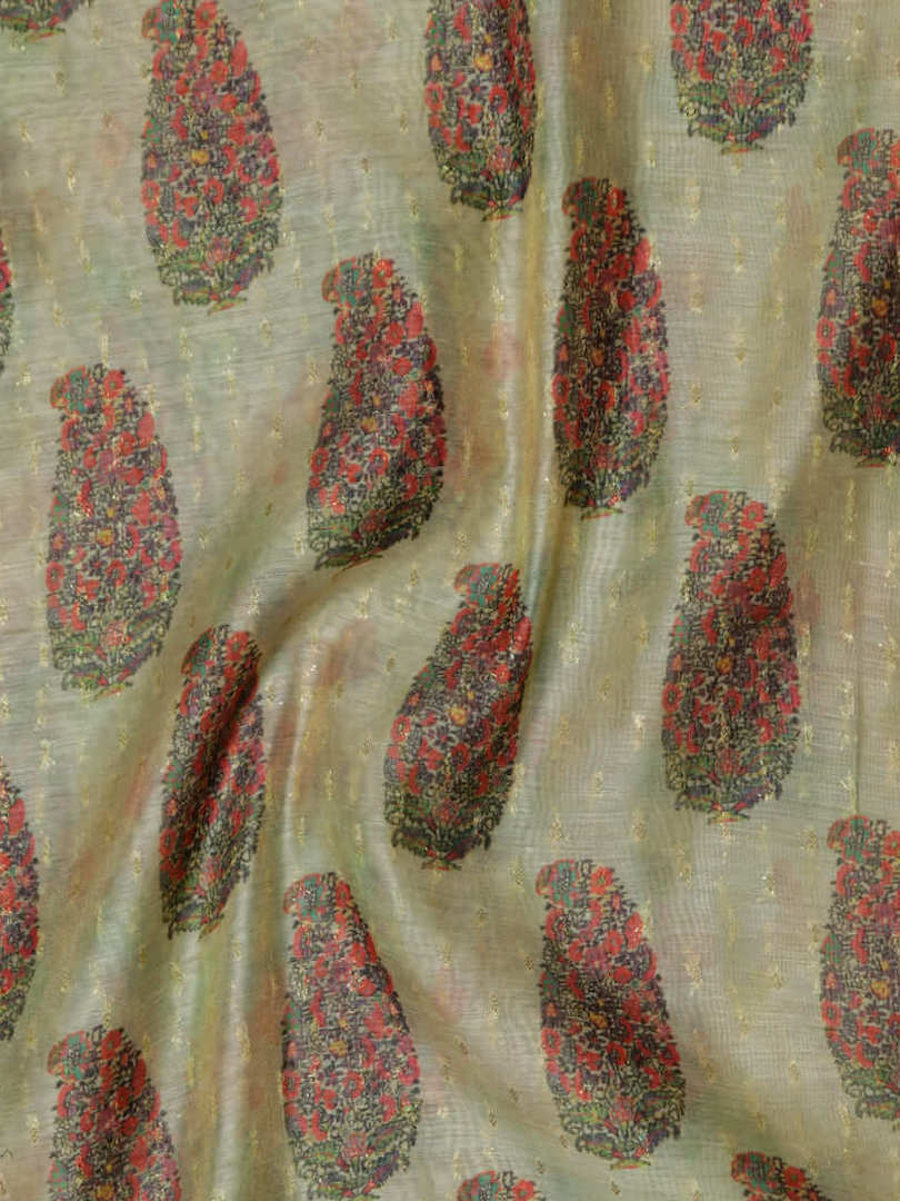 Chanderi Silk Beige Floral Paisley Design Digital Print With Zari Fabric