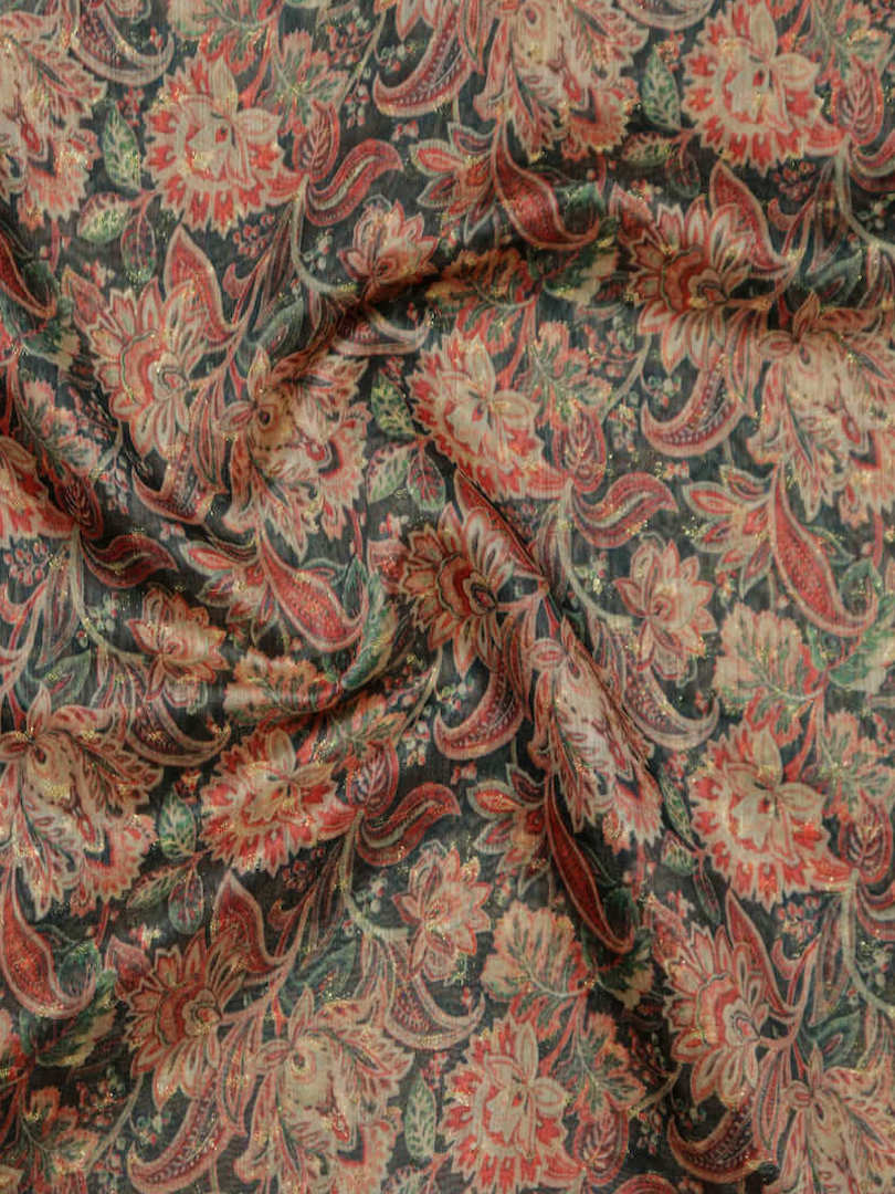 Chanderi Silk Peach Floral Design Digital Print With Zari Fabric