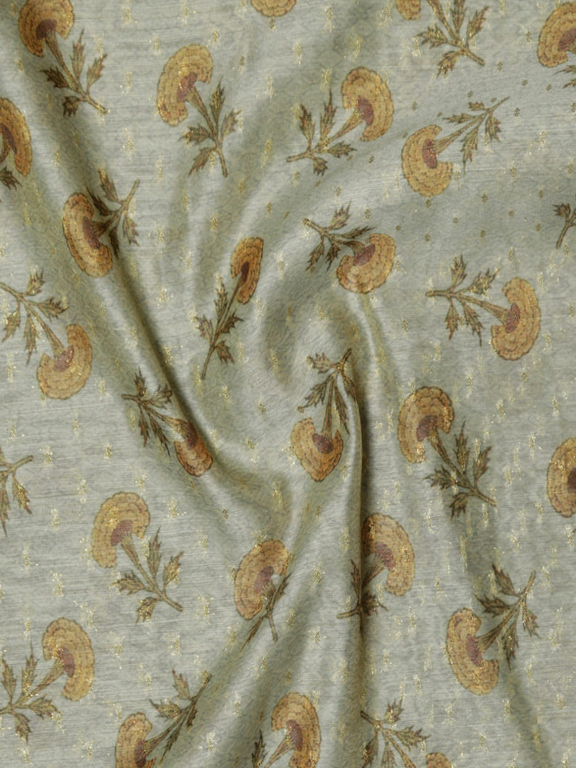 Chanderi Silk Light Yellow Dandelion Flower Design Digital Print With Zari Fabric