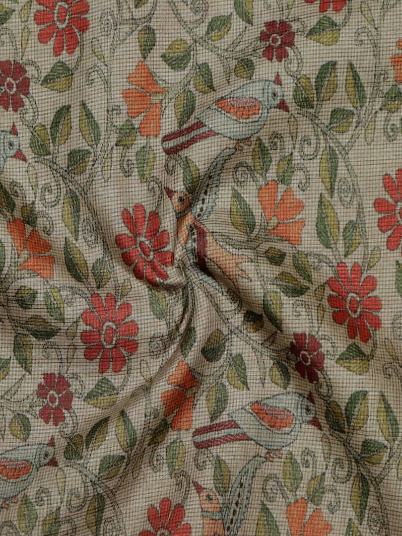 Chanderi Silk Parrot, Floral & Small Checks Print Design Fabric