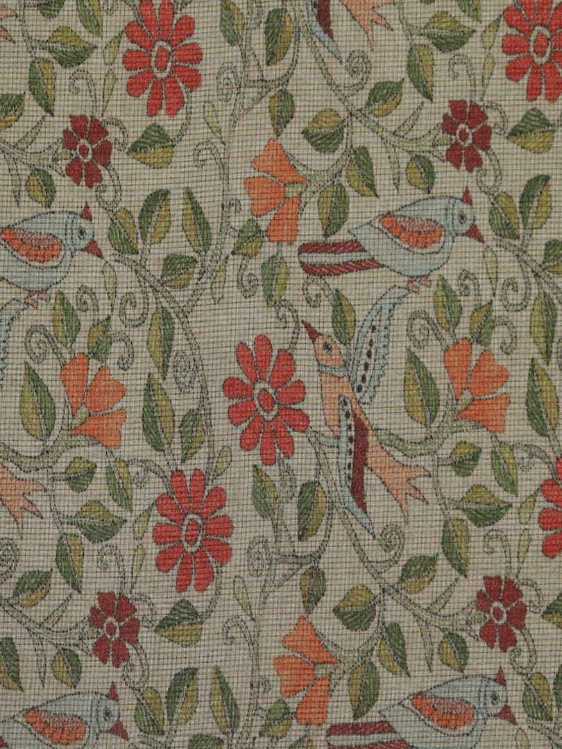 Chanderi Silk Parrot, Floral & Small Checks Print Design Fabric