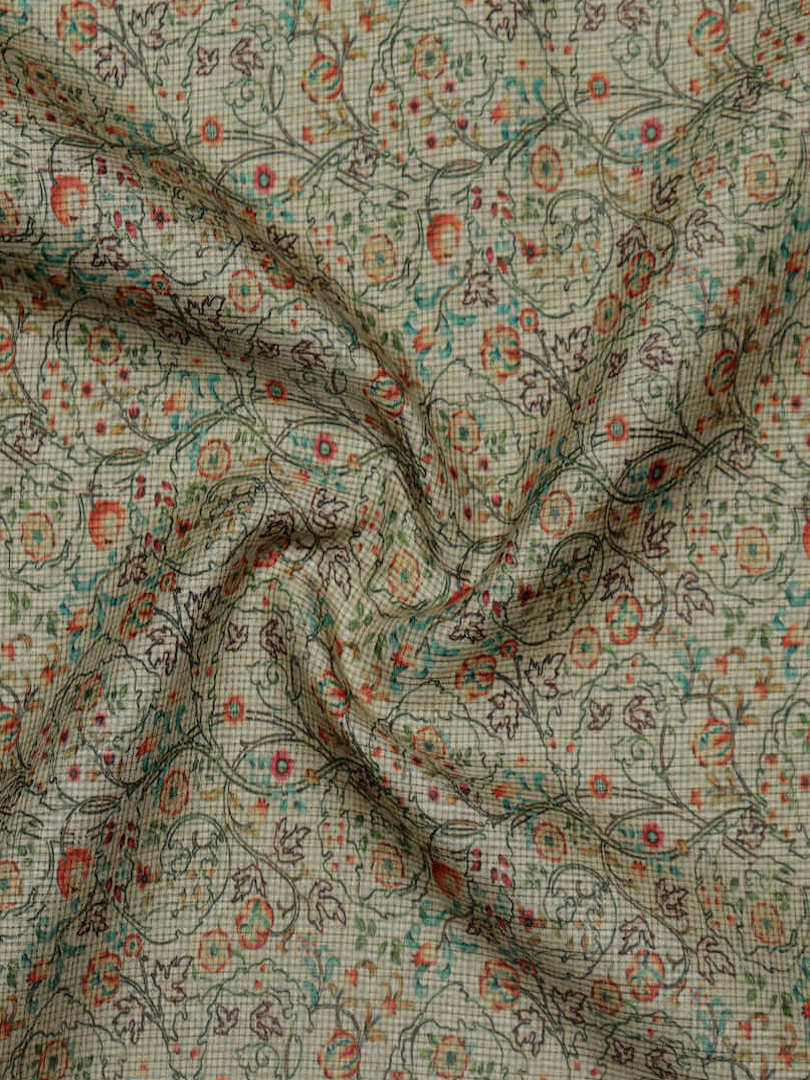 Chanderi Silk Floral & Small Checks Print Design Fabric