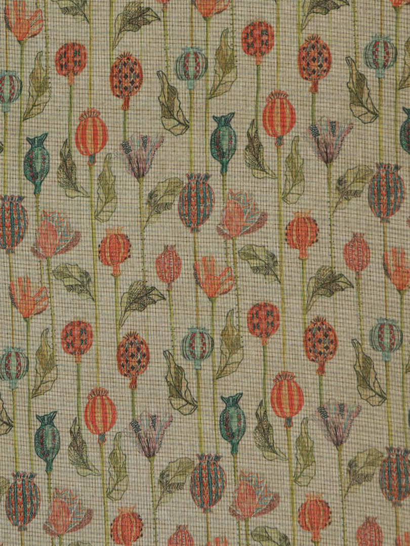 Chanderi Silk Multi Floral & Small Checks Print Design Fabric